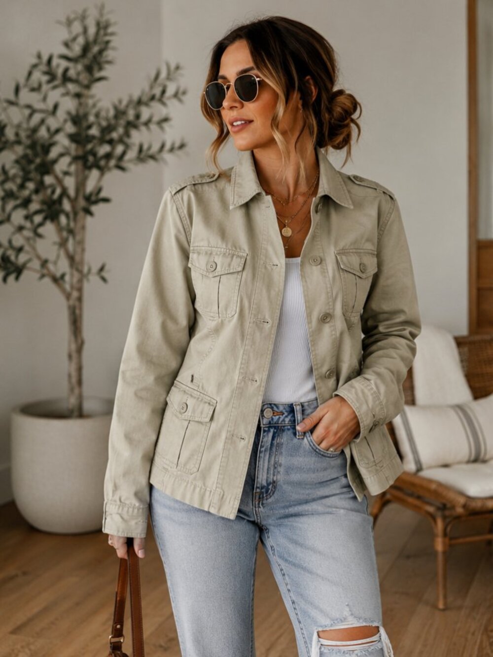 GAP Safari Boho Chic Tan Jacket Back Pleat Epaulettes Button Closure & Cuffs M